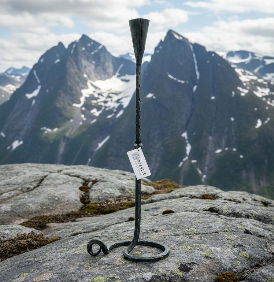 Lavatein ljusstake i hand-smiddat järn med spiralformad bas, fotograferad mot snötäckta alpina berg. Mörk galvaniserad finish med synliga smidesmärken och autentisk vikingisk karaktär.