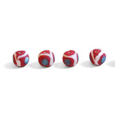 Red glass bead with white and blue-gray pattern, matte finish, approximately 14-18mm diameter, Viking-era inspired design