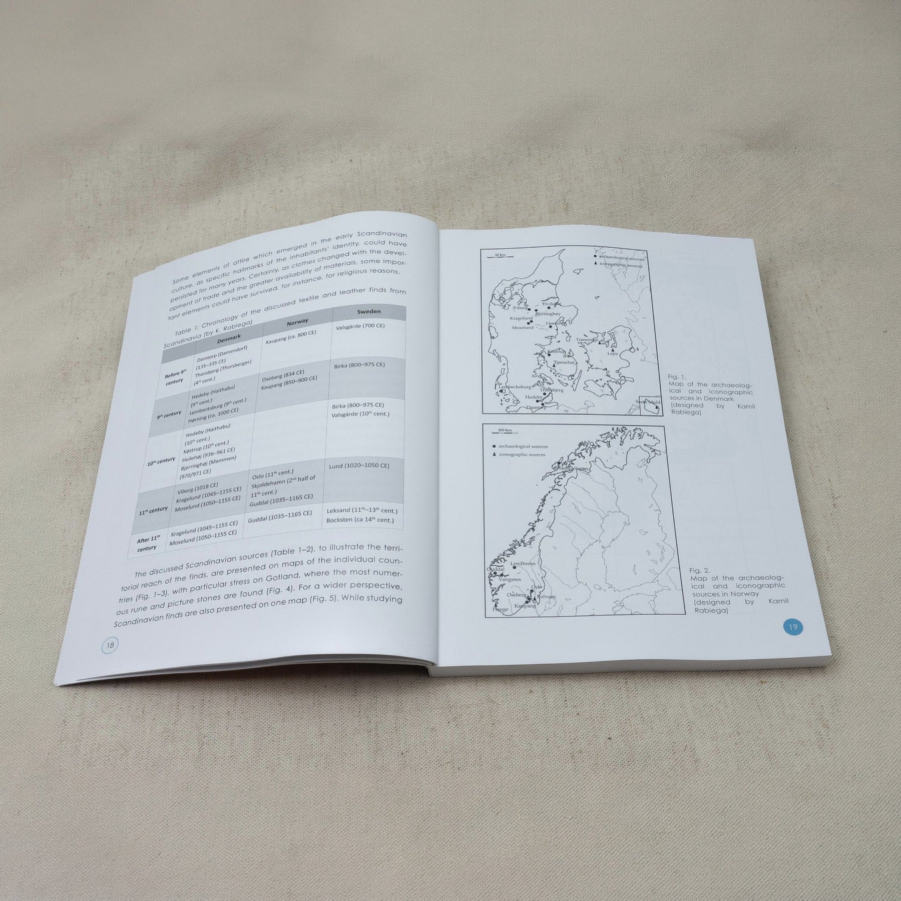 Viking Dress Code – spread with table of find sites and maps of Denmark and Norway