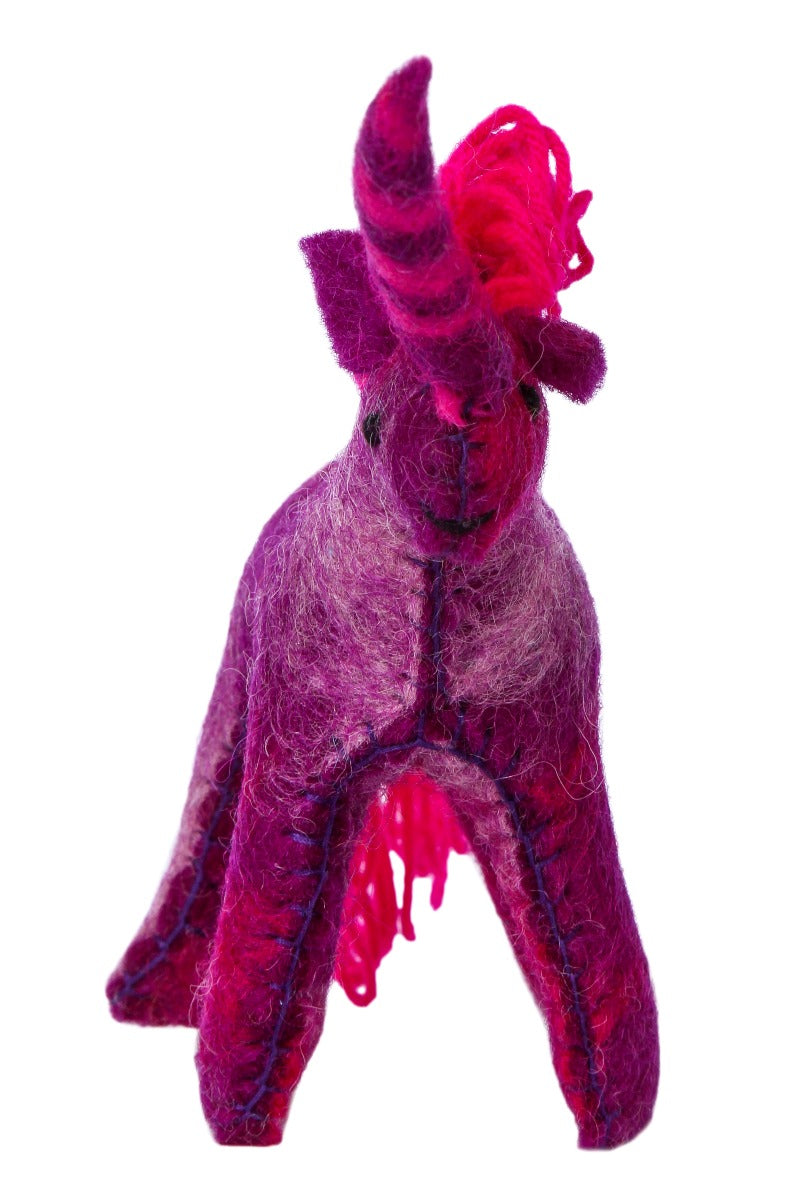 Purple wool unicorn from rear view, showing elaborately styled hot pink mane and flowing tail. 100% handfelted wool from Nepal, plastic-free, not suitable for children under 3.