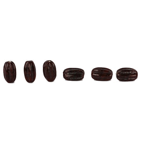 Brun glaspärla, historisk replik från Taxinge Sverige, visad i sex olika vinklar mot vit bakgrund