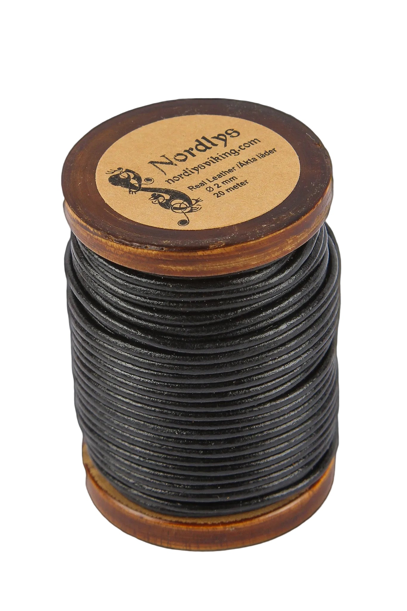 Läderband 20 meter på träspole - svart läderband 2mm tjockt på trä, professionell produktfoto från ovan