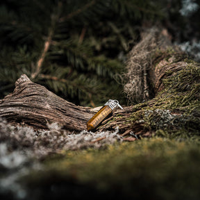 Tigeröga-hänge på en trädkvist täckt av mossa i naturlig skogsomgivning, visar stenens gyllene-bruna färg och naturliga strimmor