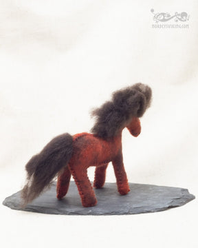 Handtovad rödbrun ullhäst med fluffig mörk man, visad snett bakifrån på skifferplatta