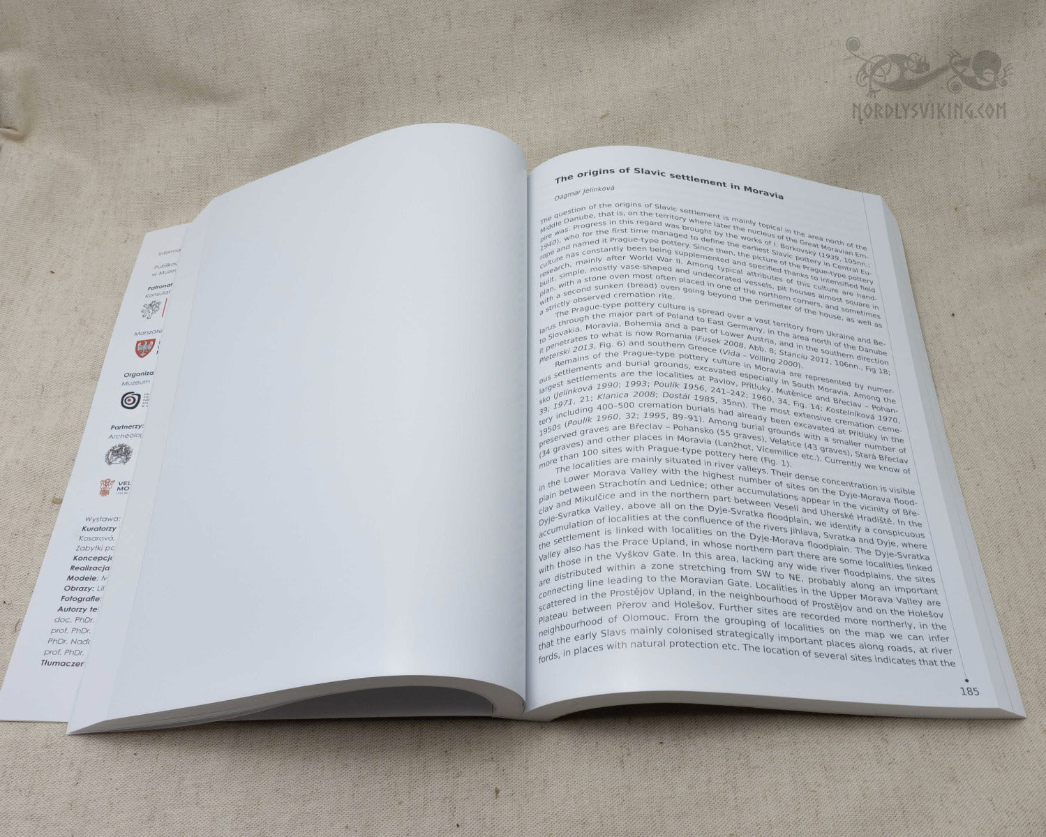 Bokuppslag visar kapitel om 'The origins of Slavic settlement in Moravia' med engelsk akademisk text om Slavisk bosättningshistoria i Mähren.