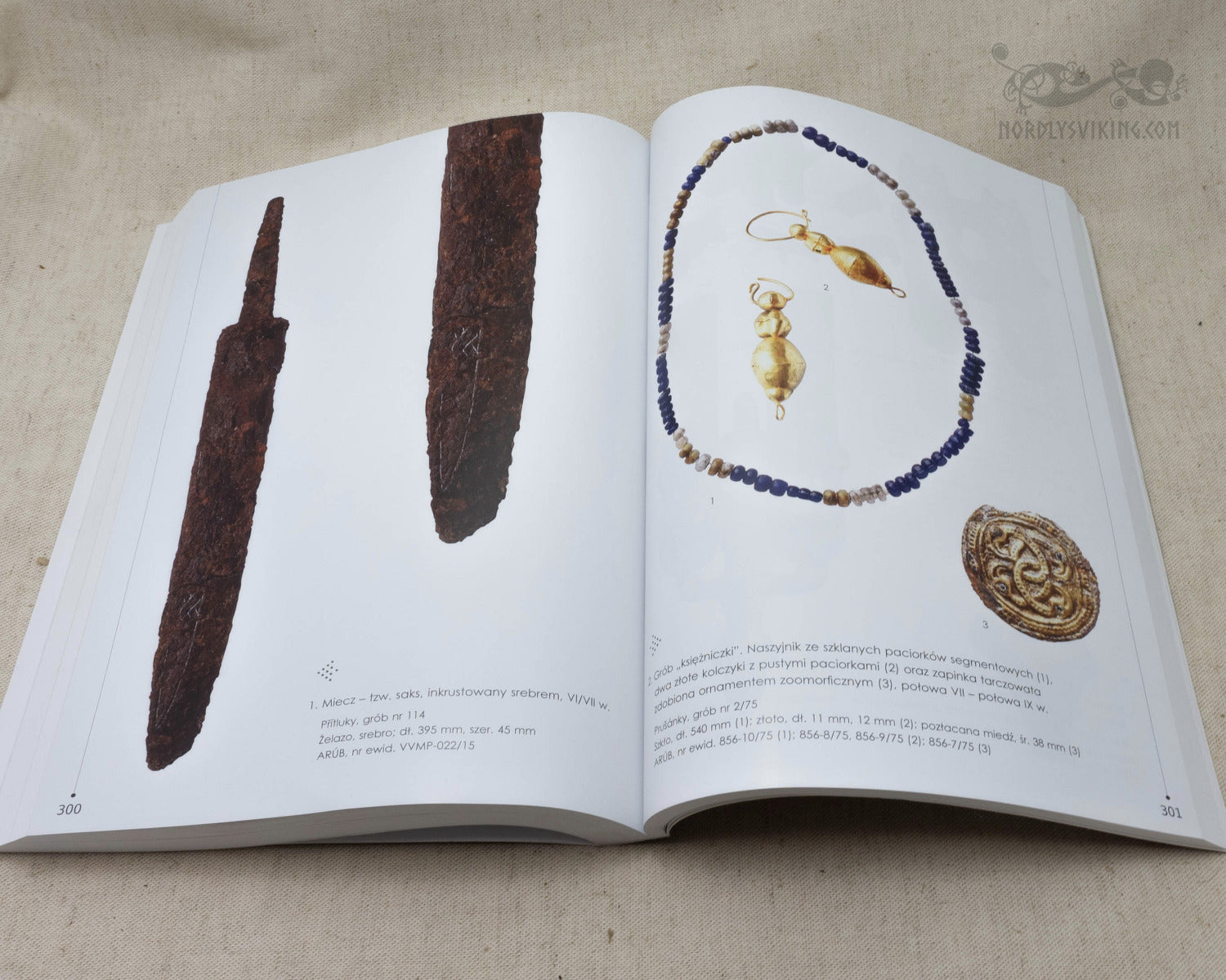 Bokuppslag visar arkeologiska fynd från Stormähren inklusive järnverktyg, pärlhalsband med blå pärlor och guldterminal, och dekorativ brosch. Museikatalog-fotografi med tillhörande förteckning.