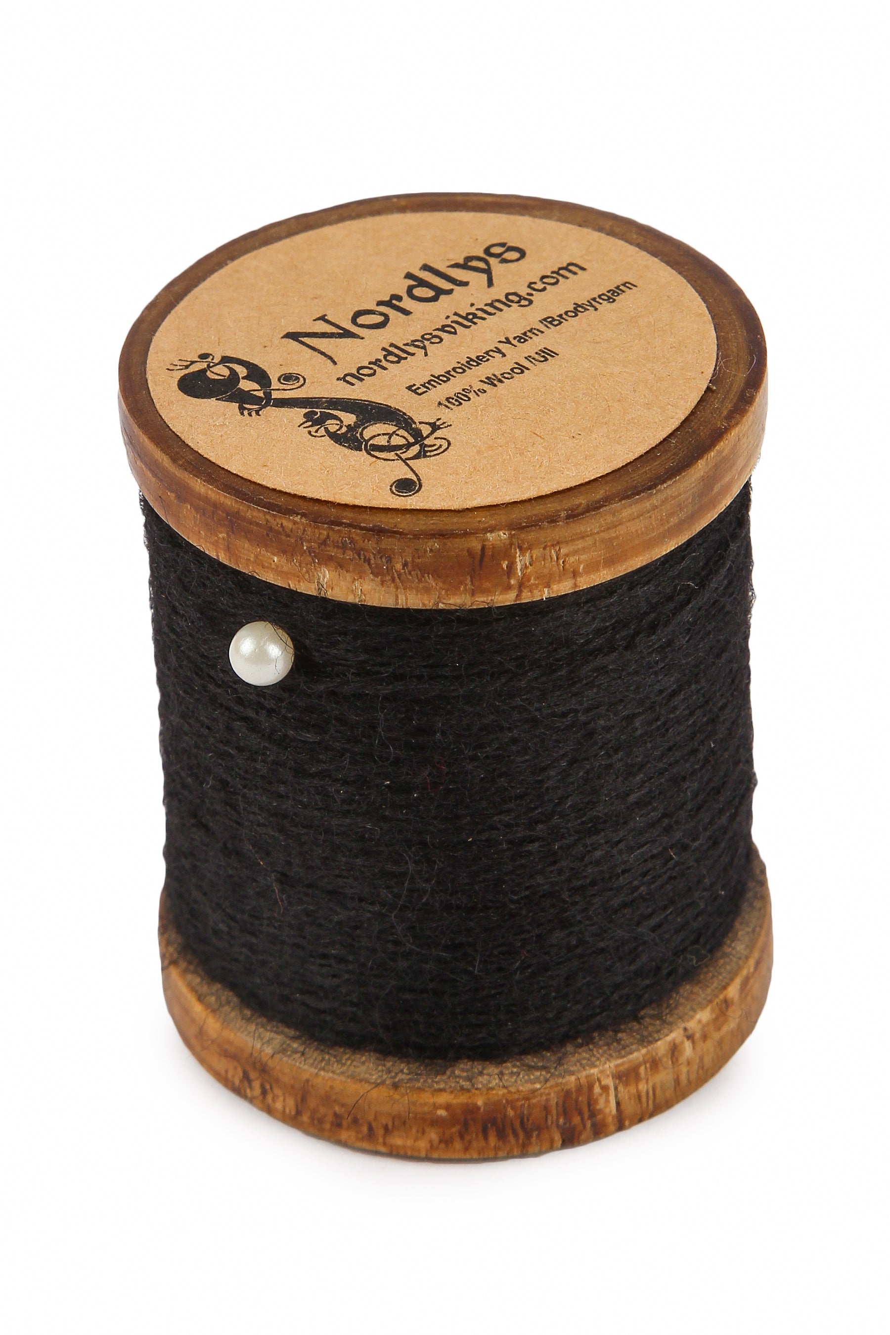 Svart brodyrtråd 100% ull på träspole - vikingatida embroidery garn S-spunnet, 50m på träspole