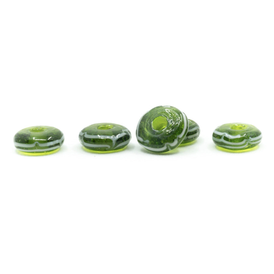 Green glossy glass bead with decor, Kaupang – white wavy lines and geometric pattern