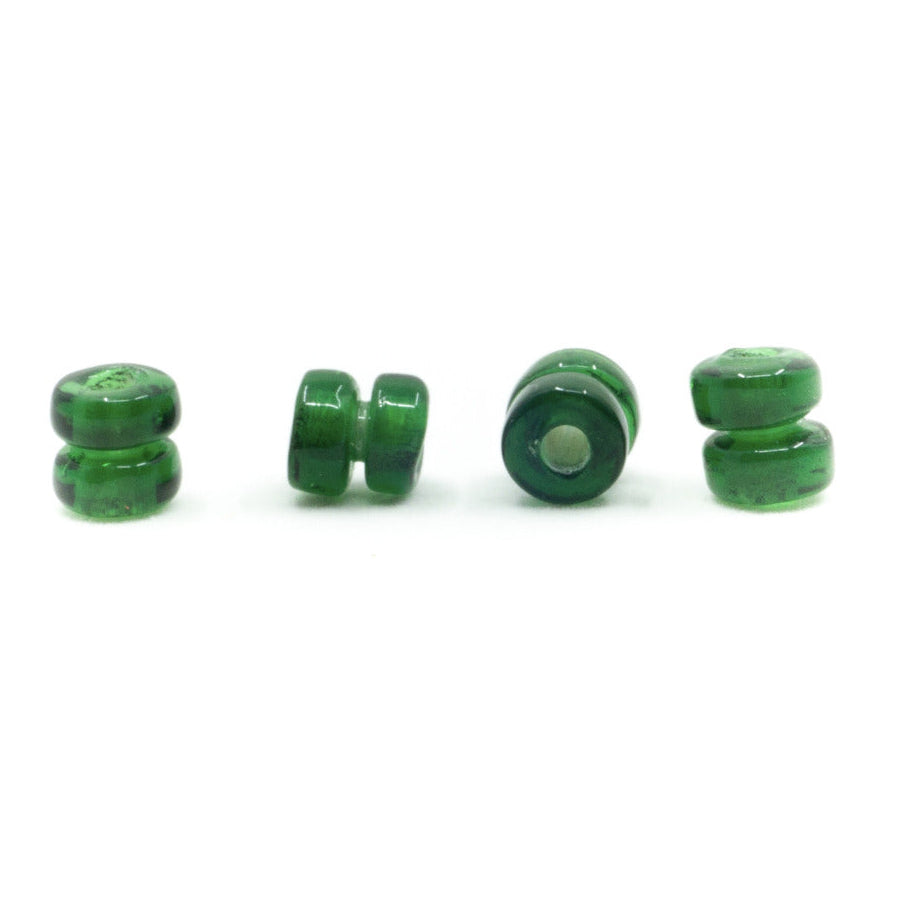 Green glossy glass bead, Kvillinge – four two-part beads with a glossy surface