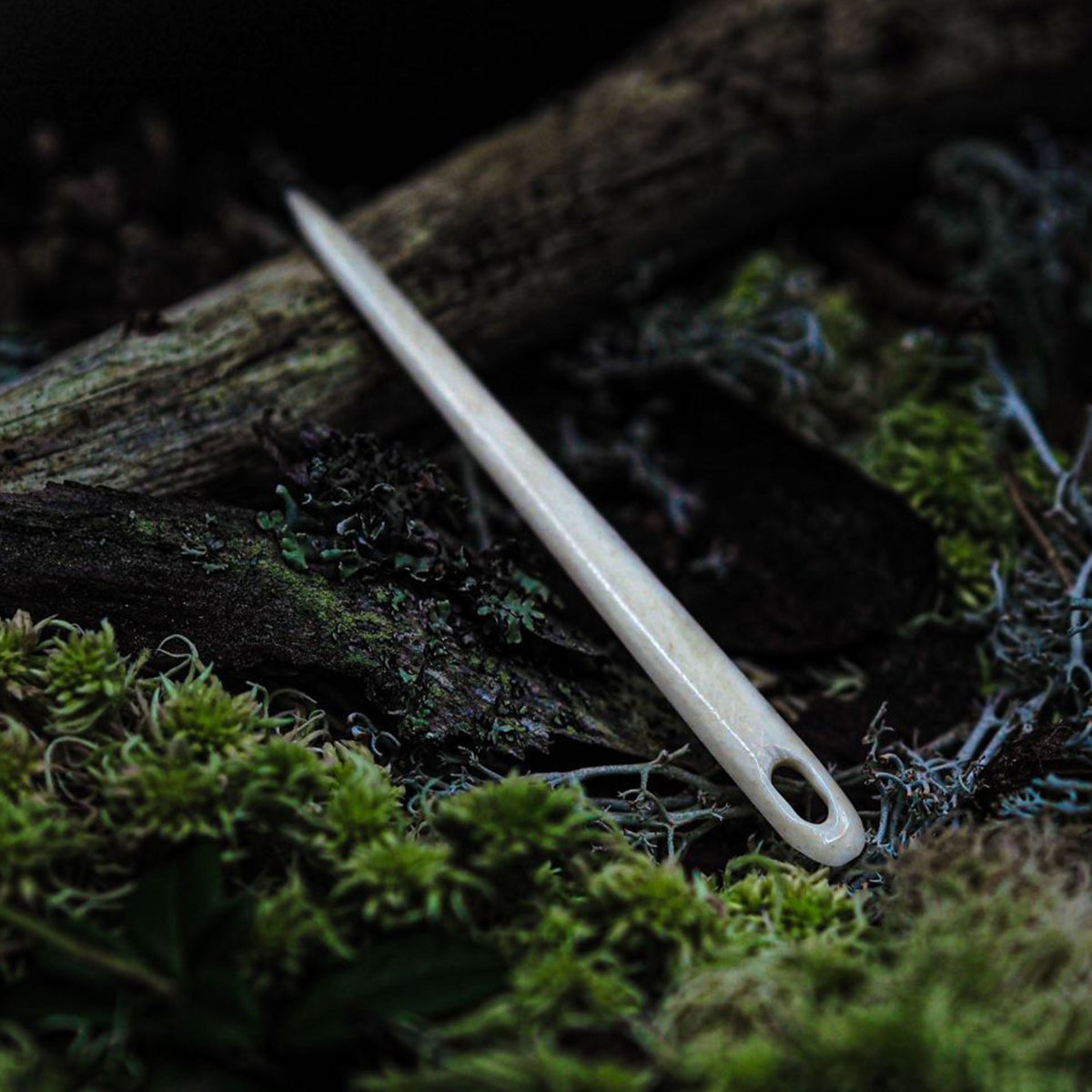 Nålbindingsnål i ben, handslipat från oxben med naturlig kornstruktur och traditionellt designad ögla, fotograferad på naturlig bakgrund