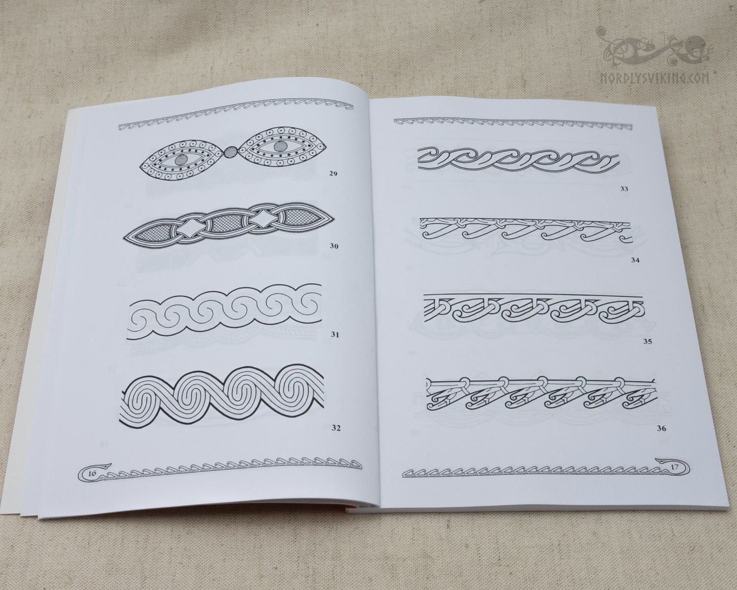 Book page showing 8 numbered Viking and Slavic ornamental design patterns including knotwork, rope patterns, spirals, and wave motifs rendered as black line drawings