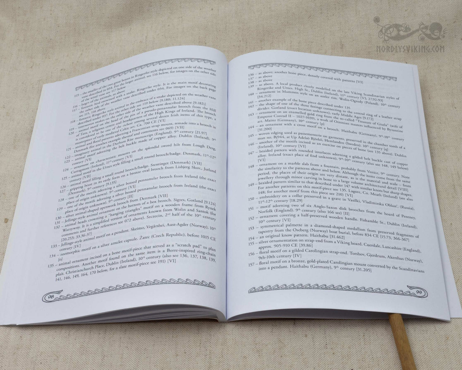 Dense academic text pages with numbered citations and references related to Viking and Slavic ornamental design history and archaeological sources