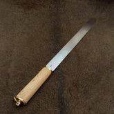 Full-length semi-sharp collector's Viking seax with refined polished blade, wood handle, and brass fittings