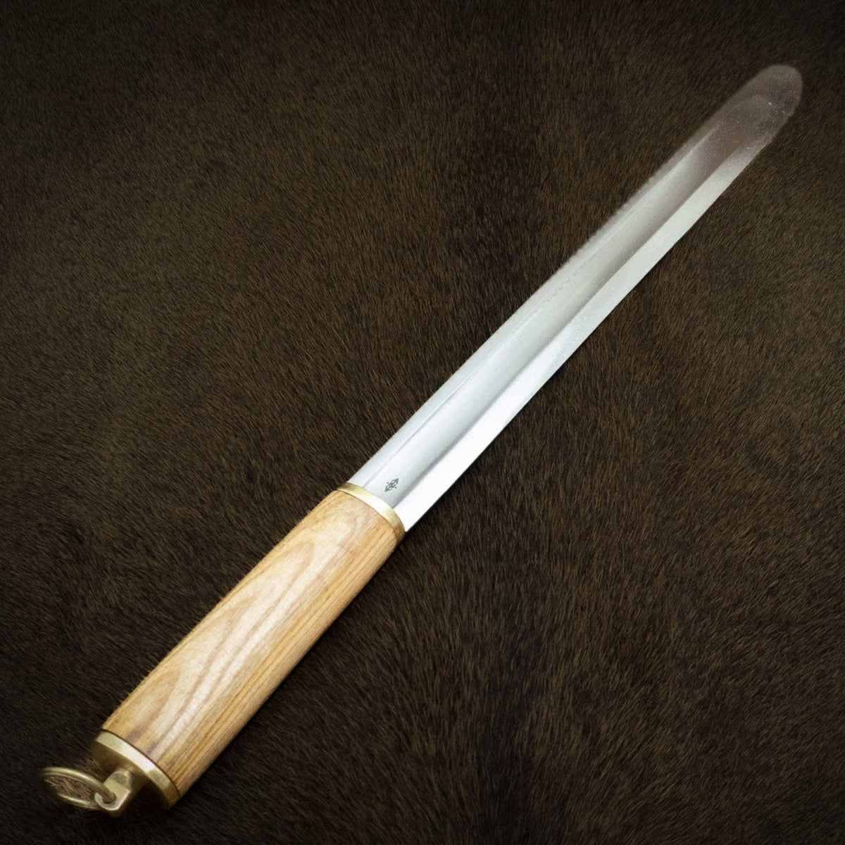 Full-length Viking seax with blunted edge and rounded point, designed for reenactment combat, with natural wood handle and brass fittings
